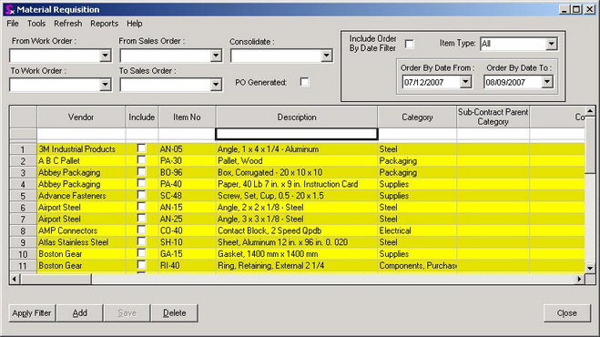Material Requisition form shown with sample data.
